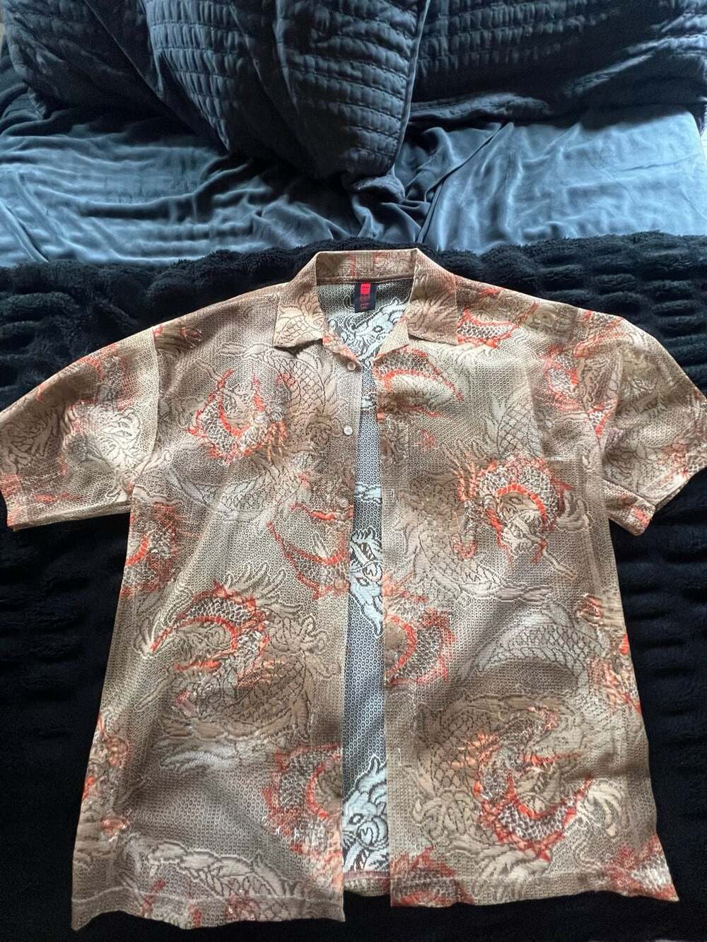 TAIGA Dragon Pattern Mesh Button Up Shirt Size 2XL Brown Red